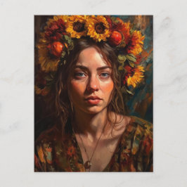 Postal Una mujer hermosa con girasoles en su cabello