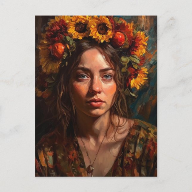 Postal Una mujer hermosa con girasoles en su cabello (Anverso)