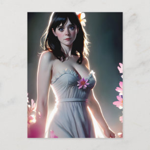 Postal Una mujer hermosa con largas flores rosas negras