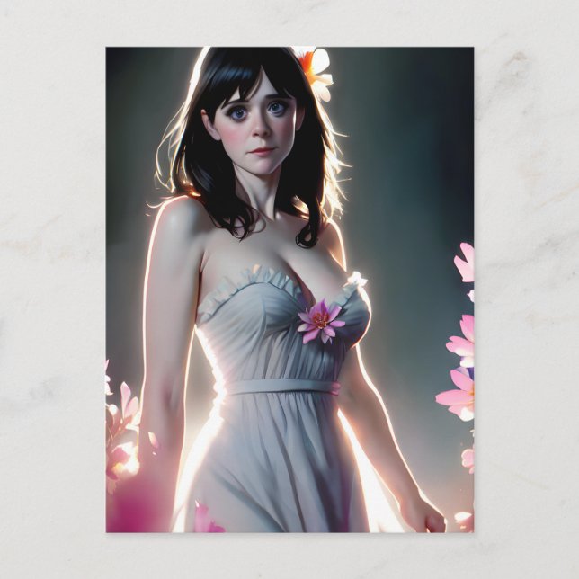 Postal Una mujer hermosa con largas flores rosas negras (Anverso)