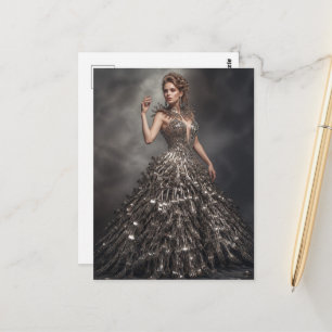 Postal Una mujer hermosa con un vestido hecho de tenedore