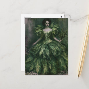 Postal Una mujer hermosa en un vestido de helechos pintan