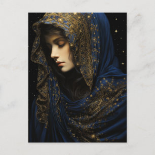 Postal Una mujer hermosa en una robada azul y dorada