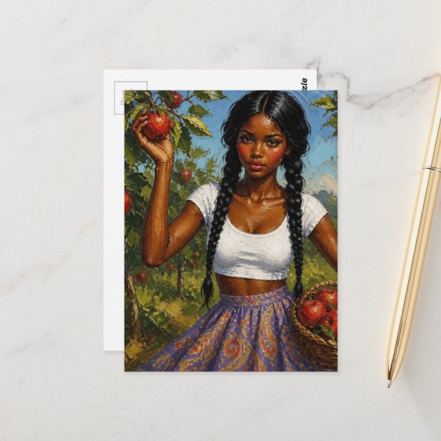 Postal Una mujer hermosa recogiendo manzanas (Anverso/Reverso In Situ)