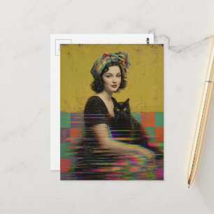 Postal Una mujer hermosa y su gato negro arte glitch