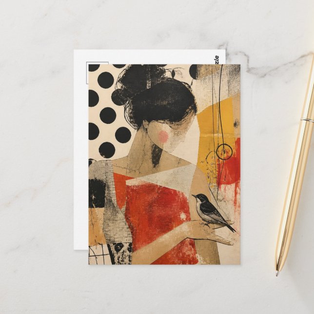 Postal Una mujer hermosa y un pájaro (Anverso/Reverso In Situ)