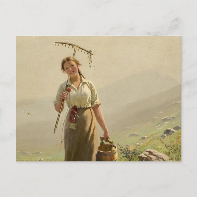 Postal Una mujer joven en el prado de Hans Dahl (Anverso)