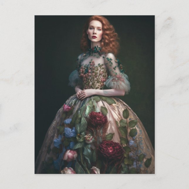 Postal Una mujer magnífica con vestimenta floral, IA, gen (Anverso)