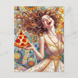 Postal Una Mujer Muy Feliz Con Pizza