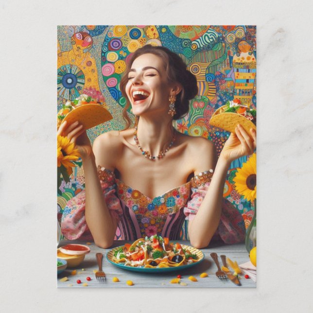 Postal Una mujer muy feliz con tacos (Anverso)