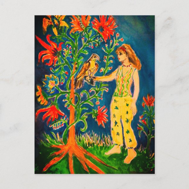 Postal Una mujer parada junto a un árbol fantástico (Anverso)