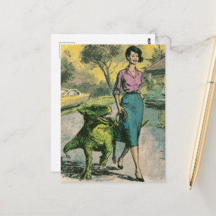 Postal Una mujer retro pasea a su pequeño Dino mascota