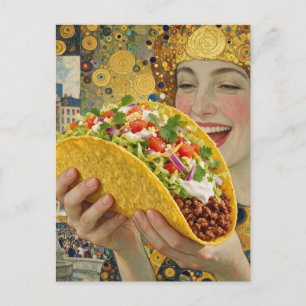 Postal Una mujer surrealista alegre con taco gigante