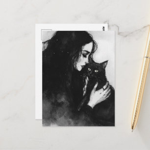 Postal Una mujer y su gato negro