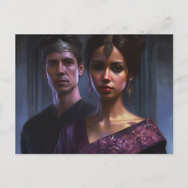 Postal Una mujer y un hombre vestidos de púrpura real con (Anverso)