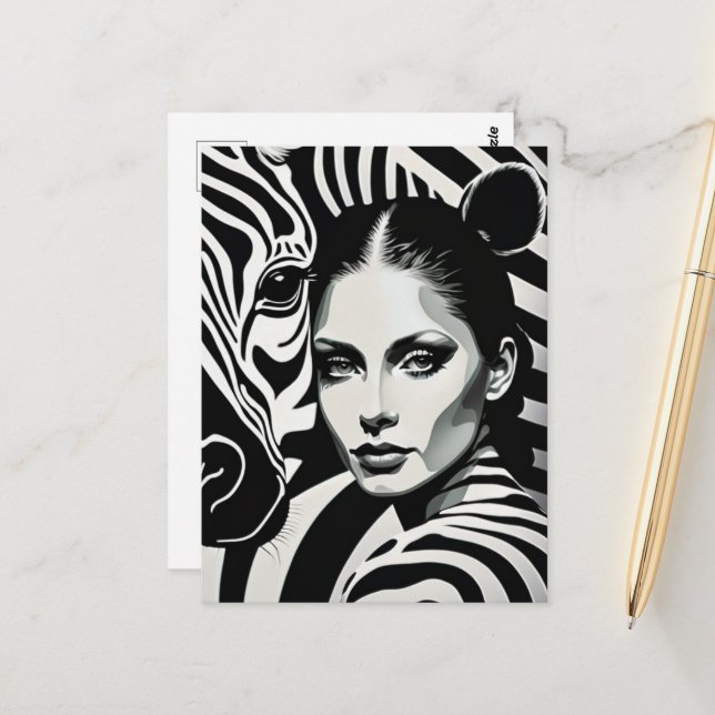 Postal Una mujer y una cebra (Anverso/Reverso In Situ)