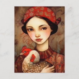 Postal Una niña con su pollo mascota Arte de IA