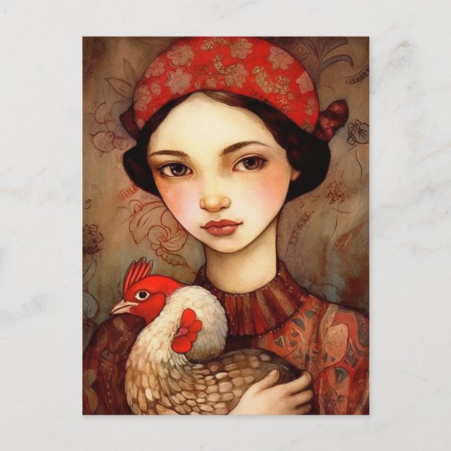 Postal Una niña con su pollo mascota Arte de IA (Anverso)