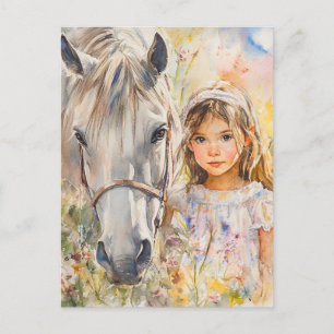 Postal Una niña con un caballo