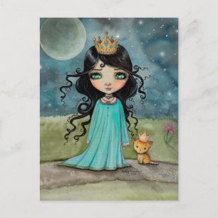 Postal Una niña y su gato arte de fantasía de princesa li