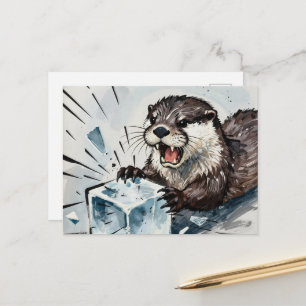 Postal Una nutria enfadada rompiendo un bloque de hielo
