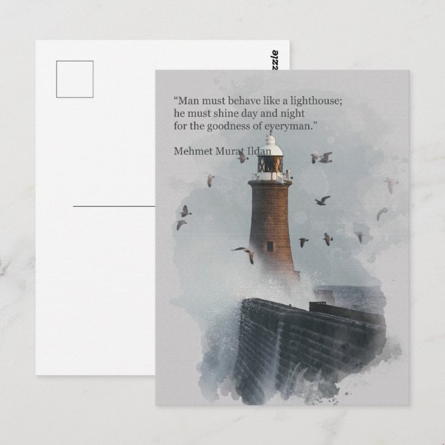 Postal Una ola enorme golpea un faro (Anverso / Reverso)