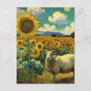 Postal Una oveja con cuernos en el campo de girasoles Van