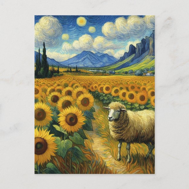 Postal Una oveja en el campo del girasol Faux Van Gogh (Anverso)