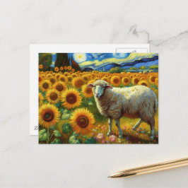 Postal Una oveja en un campo de girasol