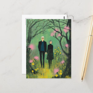 Postal Una pareja de edad media camina por los bosques