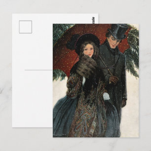 Postal Una pareja elegantemente vestida, paraguas, tiempo