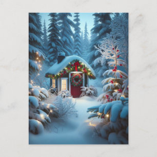 Postal Una pequeña cabaña en el bosque Navidades festiv