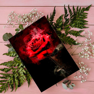 Postal Una Rosa Roja Acuarela sobre Fondo Negro