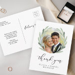 Postal Una Rustic Wreath Elegant Wedding Gracias Foto<br><div class="desc">Boda de caligrafía simple y moderna Gracias tarjeta con una corona de flores de color agua verde de la rama de olivo. Para una personalización más avanzada de este diseño,  haga clic en el botón "Personalizar" de arriba. También están disponibles los elementos coincidentes.</div>