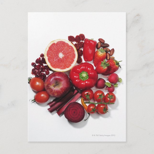Postal Una selección de frutas y verduras rojas. (Anverso)