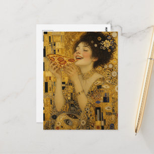 Postal Una Señora Alegre Con Rebanada De Pizza