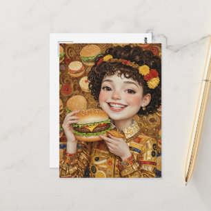 Postal Una Señora Alegre Con Una Hamburguesa Con Queso