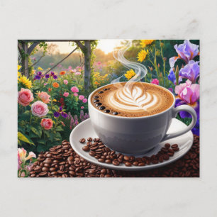 Postal Una taza de café y un hermoso jardín de flores 