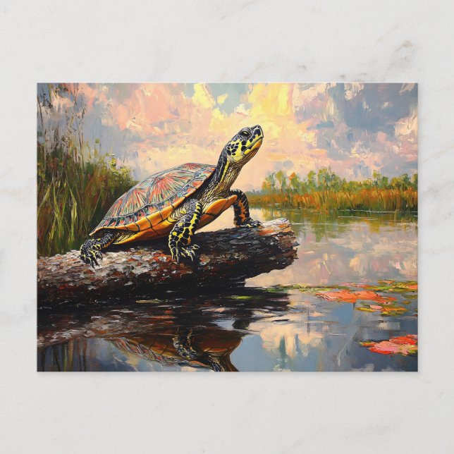 Postal Una tortuga dulce en una pintura de Log Everglades (Anverso)
