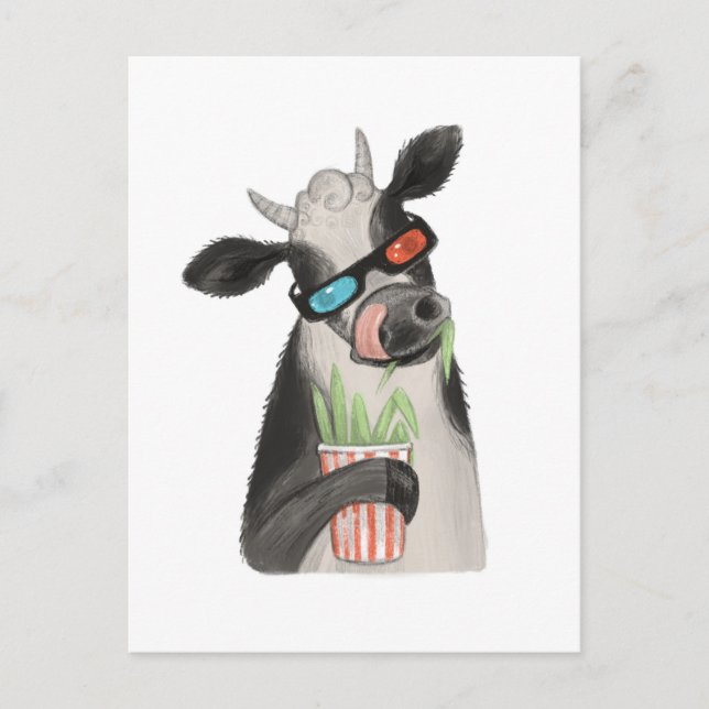 Postal Una vaca con gafas 3D. (Anverso)