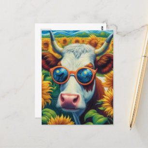 Postal Una vaca con gafas de sol en un campo de girasol