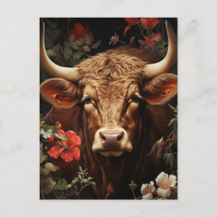 Postal Una vaca marrón en las flores