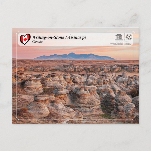 Postal UNESCO WHS - Escribiendo en piedra / Áísínai’pi (Anverso)