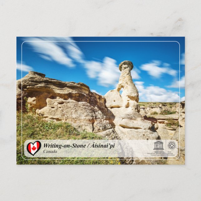 Postal UNESCO WHS - Escribiendo en piedra / Áísínai’pi (Anverso)