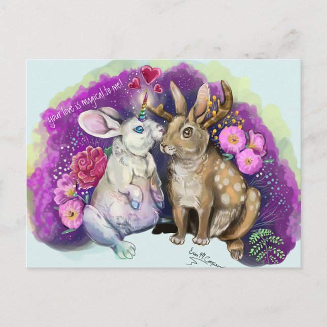 Postal Unibunny Kisses Jackalope Amor mágico (Anverso)