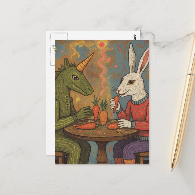 Postal Unicorn and Rabbit Eating Carrots Surreal (Anverso/Reverso In Situ)
