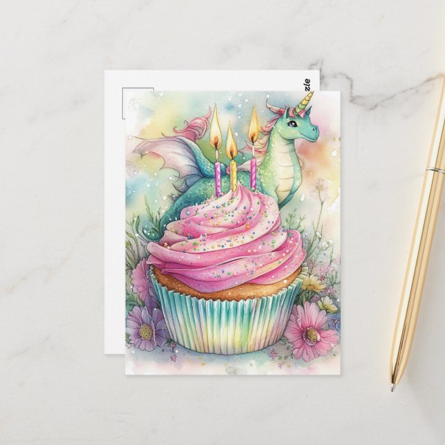 Postal Unicorn Dragon With Cupcake and Flowers (Anverso/Reverso In Situ)