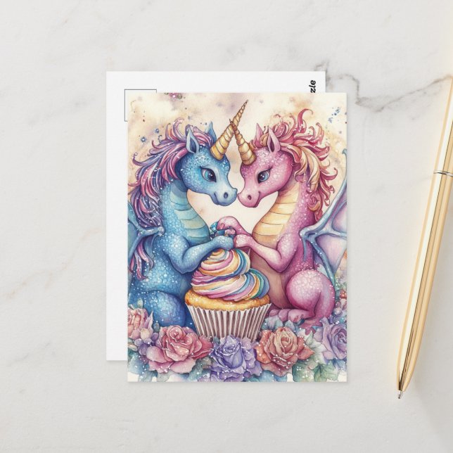 Postal Unicorn Dragons With Cupcake and Flowers (Anverso/Reverso In Situ)