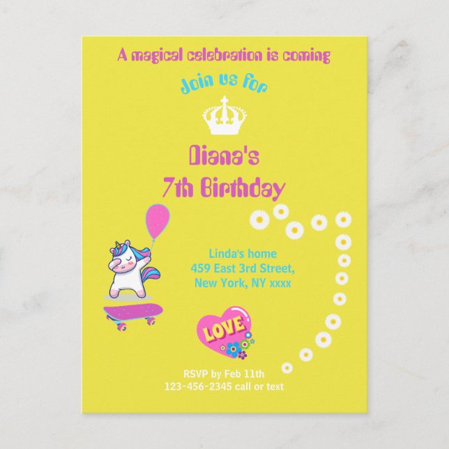 Postal Unicorn en monopatín con subtítulos personalizados (Anverso)