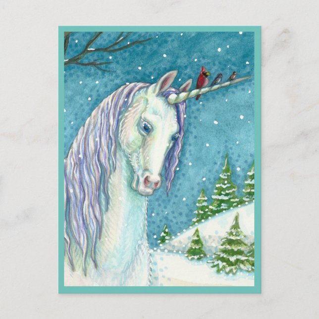 POSTAL UNICORN INVIERNO Y AVES, PAISAJE DE NIEVE PACÍFICO (Anverso)